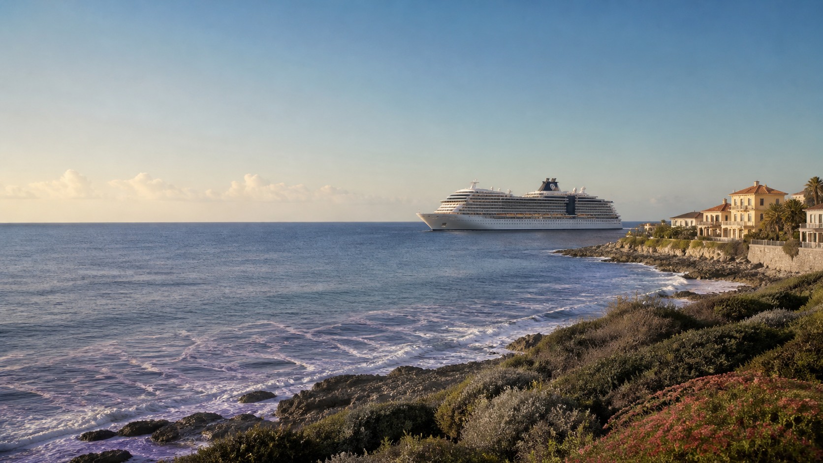 Contemporary cruise ship sailing beside a sunlit coast